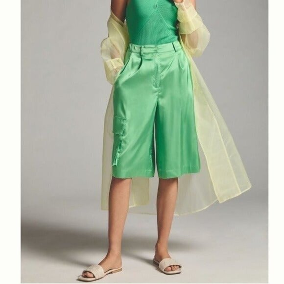 ANTHROPOLOGIE Hutch Pleated Utility Shorts Hi Rise Satin Green Size M NEW $148